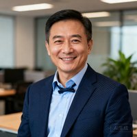 一位四十岁左右男性车主的商务头像，穿着深蓝色西装外套搭配浅蓝色衬衫，背景为虚化的办公室环境，面带微笑，气质沉稳