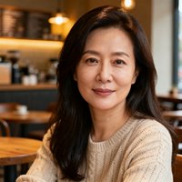 一位三十五岁左右女性车主的知性头像，穿着米色针织衫，长发披肩，背景为温馨的咖啡店环境，神情自然放松
